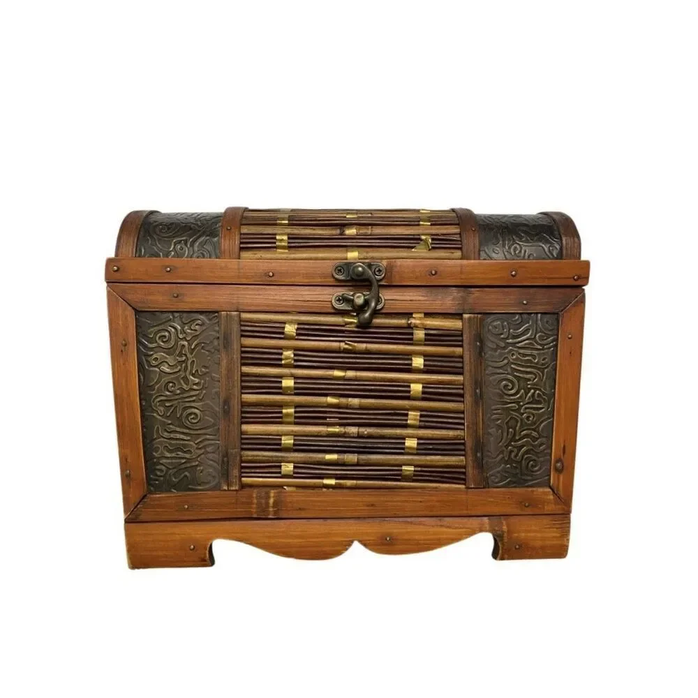 Interior Accents Vintage Asian Wooden Storage Treasure Chest Brown Bamboo Brass